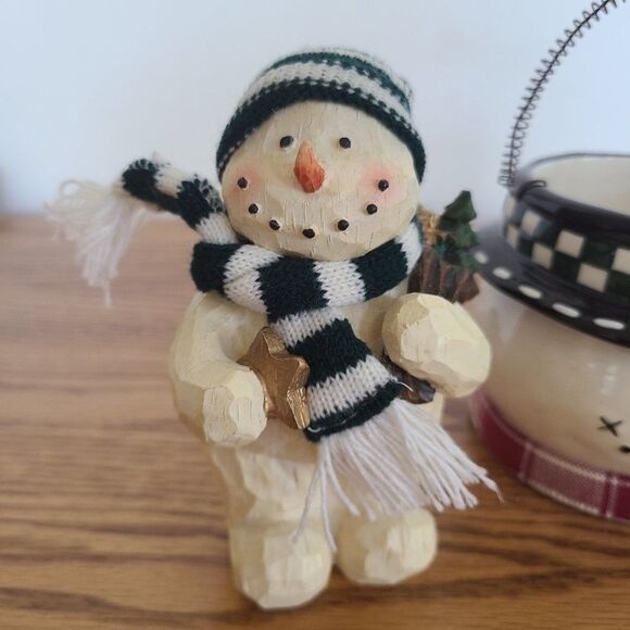Vintage Wood-Look Snowman Figurine & Ceramic Snowman Bucket Pail Snowman Lot - Picture 4 of 16